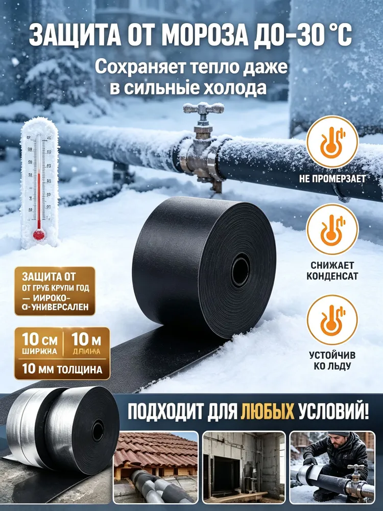 Теплоизоляционная лента для труб 10 м 10 см, толщина 10 мм, алюминиевая фольга, защита от замерзания, влагостойкая шумоизоляция для водопроводных труб, 10 м, фото 4