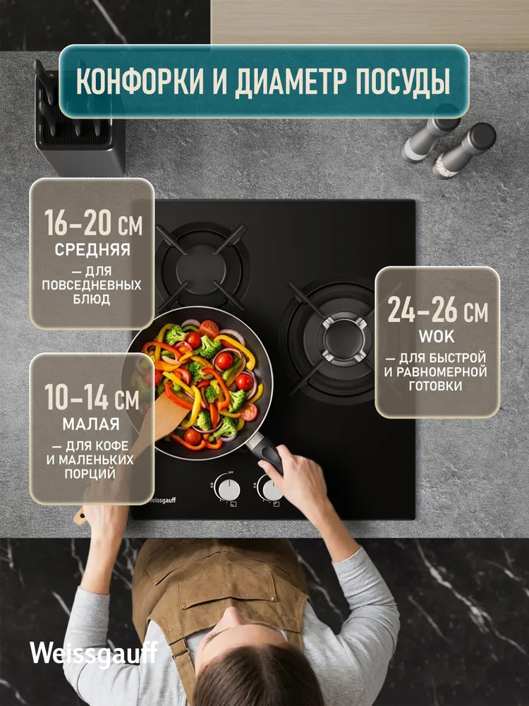 Weissgauff Газовая Варочная панель шириной 45 см, HG 451 BGH (Модификация 2026 года) с Wok-конфоркой, Чёрное закаленное стекло, Автоматический электроподжиг, Решетки из чугуна, Рукоятки Hi-Tech, черный матовый, черный, черный, фото 6