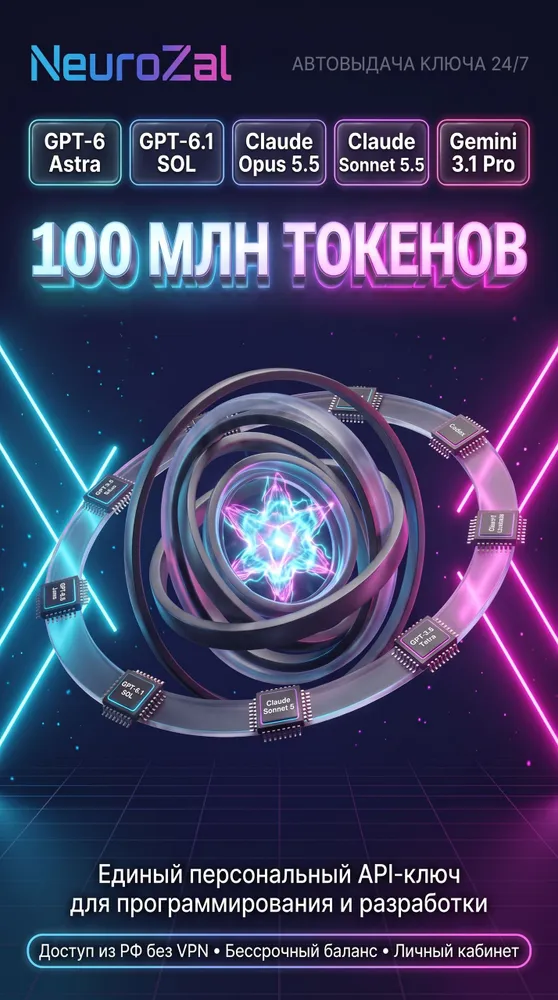 API-ключ 100 млн токенов для GPT-6 Astra, GPT-6.1 Sol, Claude Opus/Sonnet 5.5, Gemini, Grok, API ключ на все модели- 100 млн токенов., вариант