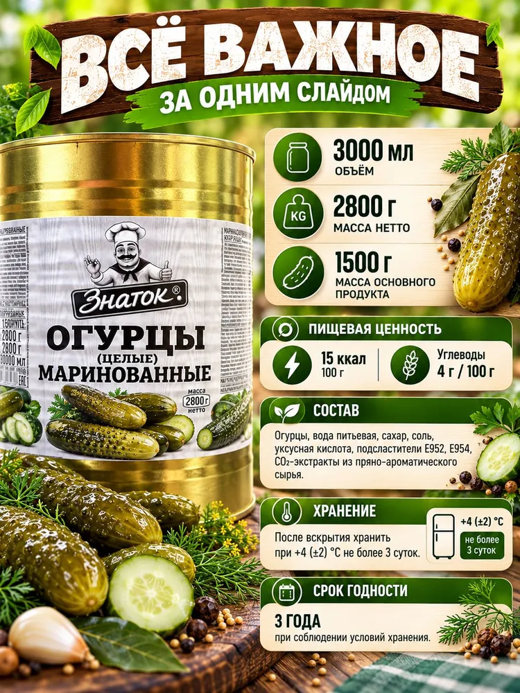 Огурцы целые маринованный 3 кг / масса огурцов 1,5 кг ЗНАТОК, 3 кг, 1,5 кг, фото 2