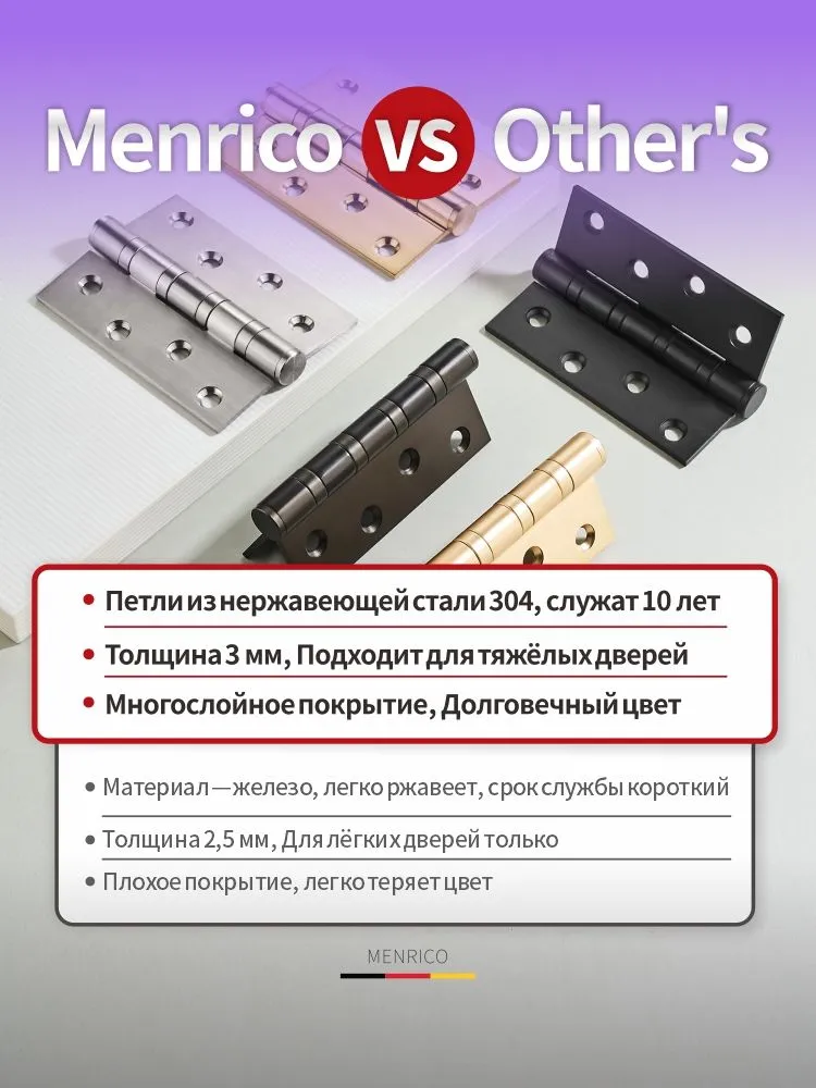 Карточные петли из нержавеющей стали, 101x77x3mm, комплектуются саморезами из нержавейки, выдерживают вес двери до 60 кг, Матовый сатиновое золото, 60 кг, фото 2