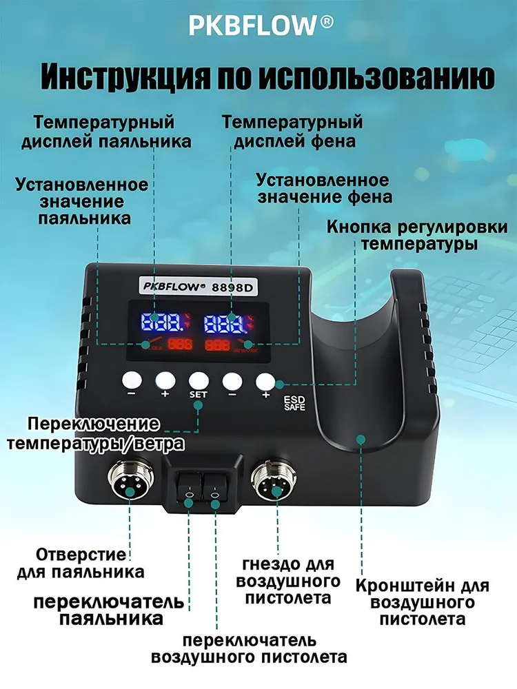 PKBFLOW Паяльная станция с феном и паяльником 8898, 750 Вт/ 2B1, 25шт., 750 Вт, 41 шт, фото 3