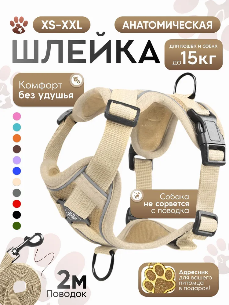 Шлейка для собак мелких пород анатомическая, с поводком 2 метра Savipets, размер M, цвет бежевый, 2 м