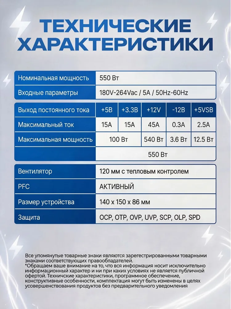Блок питания 600W IWONGOU ATX APFC тихий вентилятор тихий офисный и игровой стабильная работа для компьютера черный, 550 Вт, фото 3