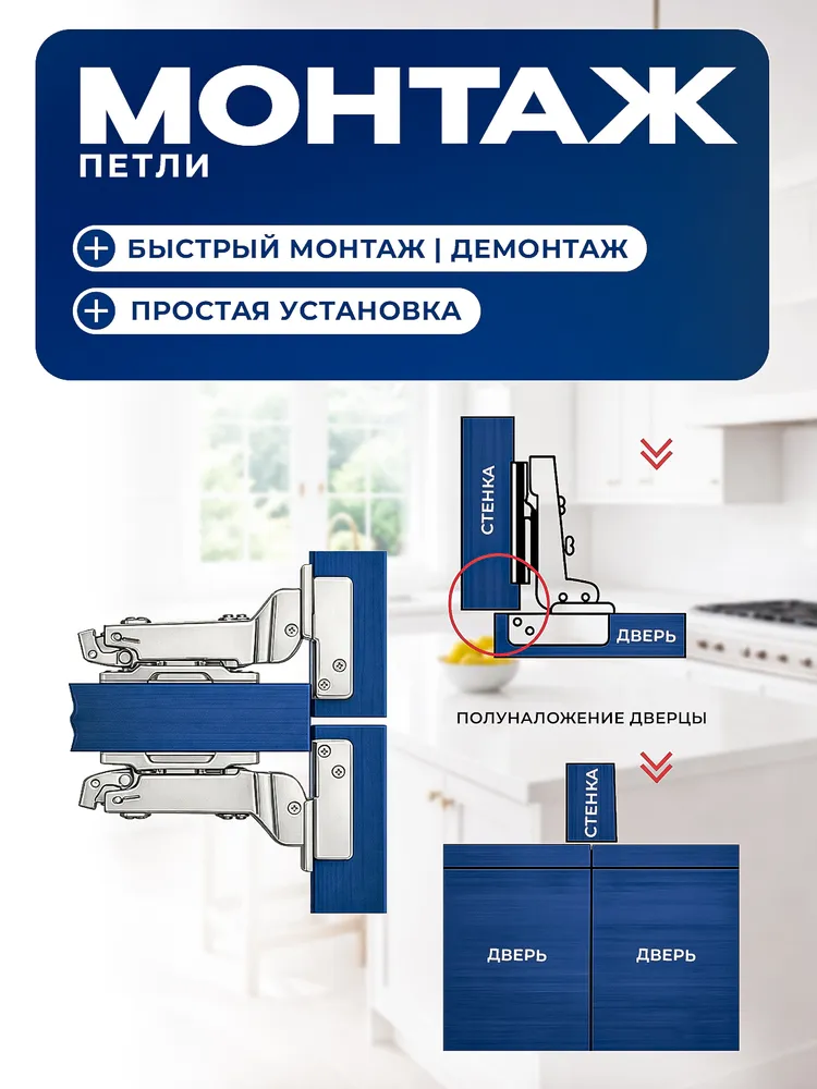 Петли полунакладные с доводчиком мебельные 2 шт clip-on, 2 шт, фото 4