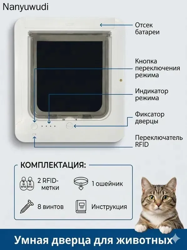 Дверца для кошек с микрочипом RFID и 4-сторонним замком, умный лаз для мелких собак, 2 RFID-метки в комплекте, белый, белый, фото 5
