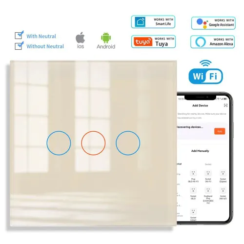 Умный сенсорный выключатель с Алисой WIFI трехклавишный Золотой