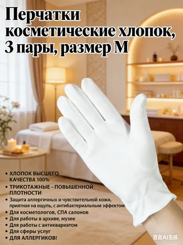 Перчатки косметические хлопок, 3 пары, размер M