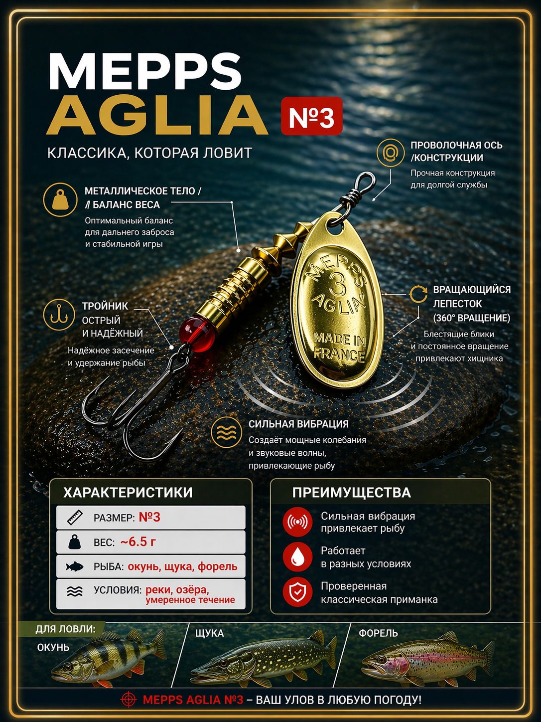Блесна вращающаяся для рыбалки Mepps AGLIA №3 на щуку, окуня, форель