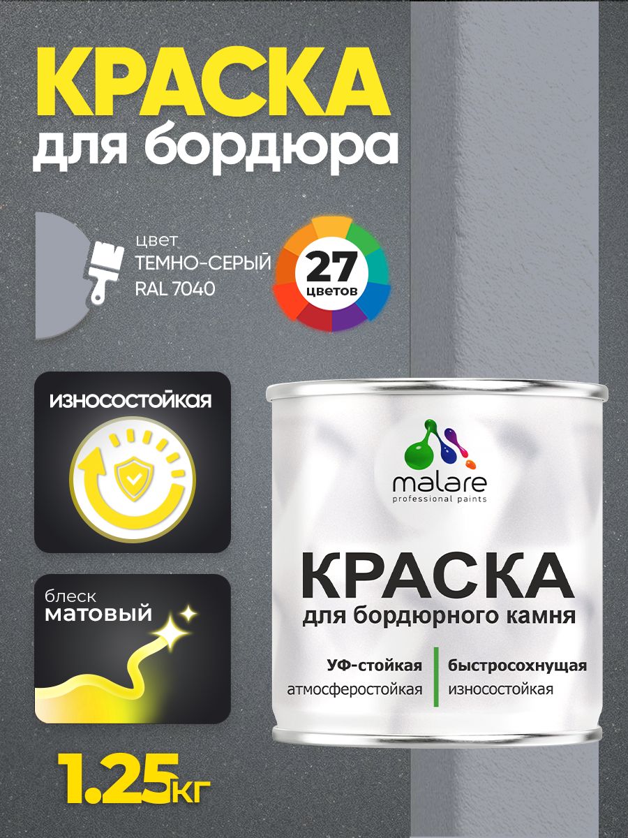 Краска Malare для бордюрного камня, тротуарных камней и плит, износостойкая, быстросохнущая, матовая RAL 7040, темно-серый, 1,25 кг