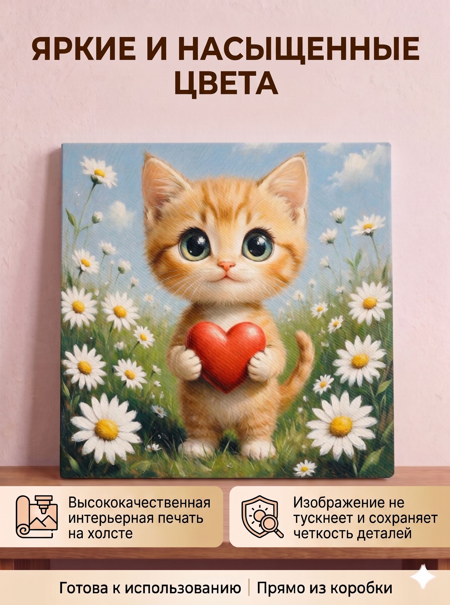 Котёнок с сердечком в ромашках