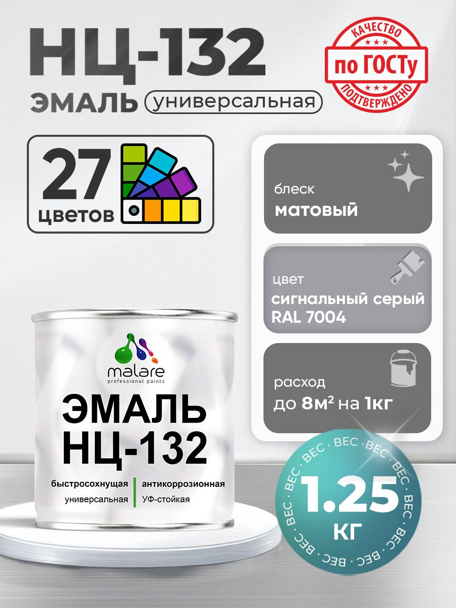 Эмаль Malare НЦ-132 краска для металла, минеральных поверхностей для внутренних и наружных работ антикоррозионная быстросохнущая RAL 7004, сигнальный серый, матовая, 1,25 кг