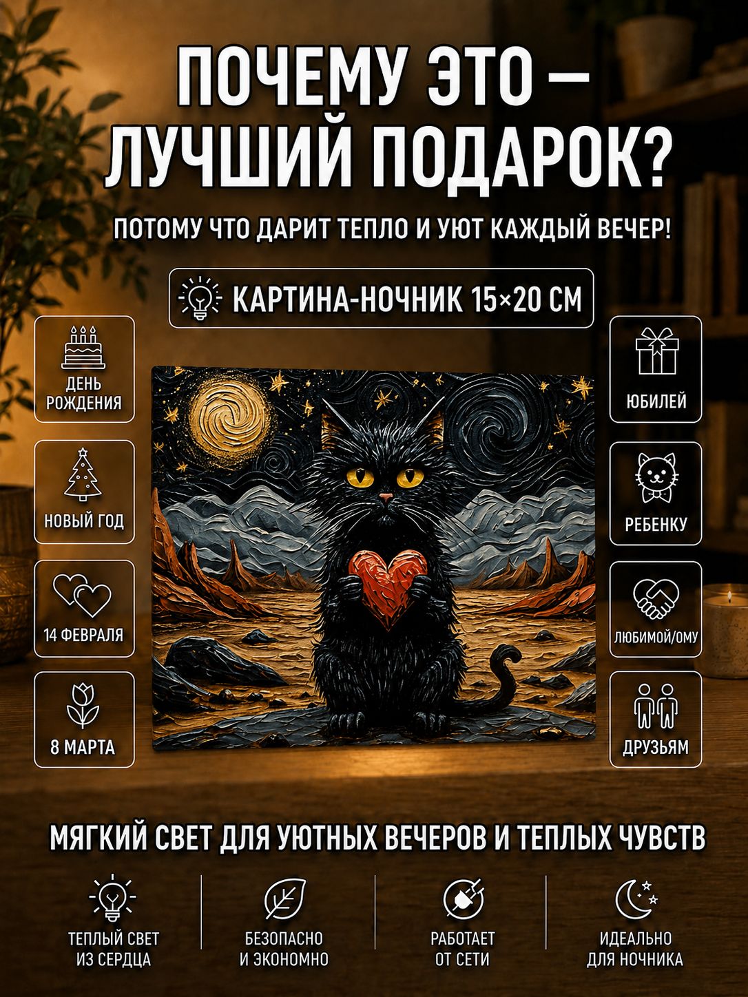Котик с сердечком у ночного моря