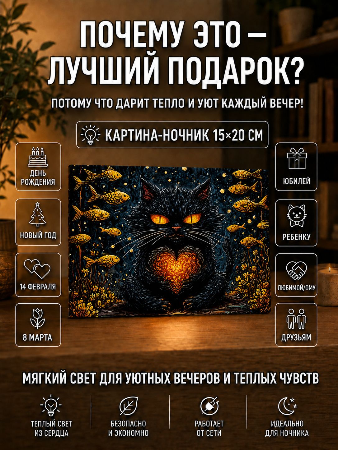 Котик с сердечком и золотыми рыбками