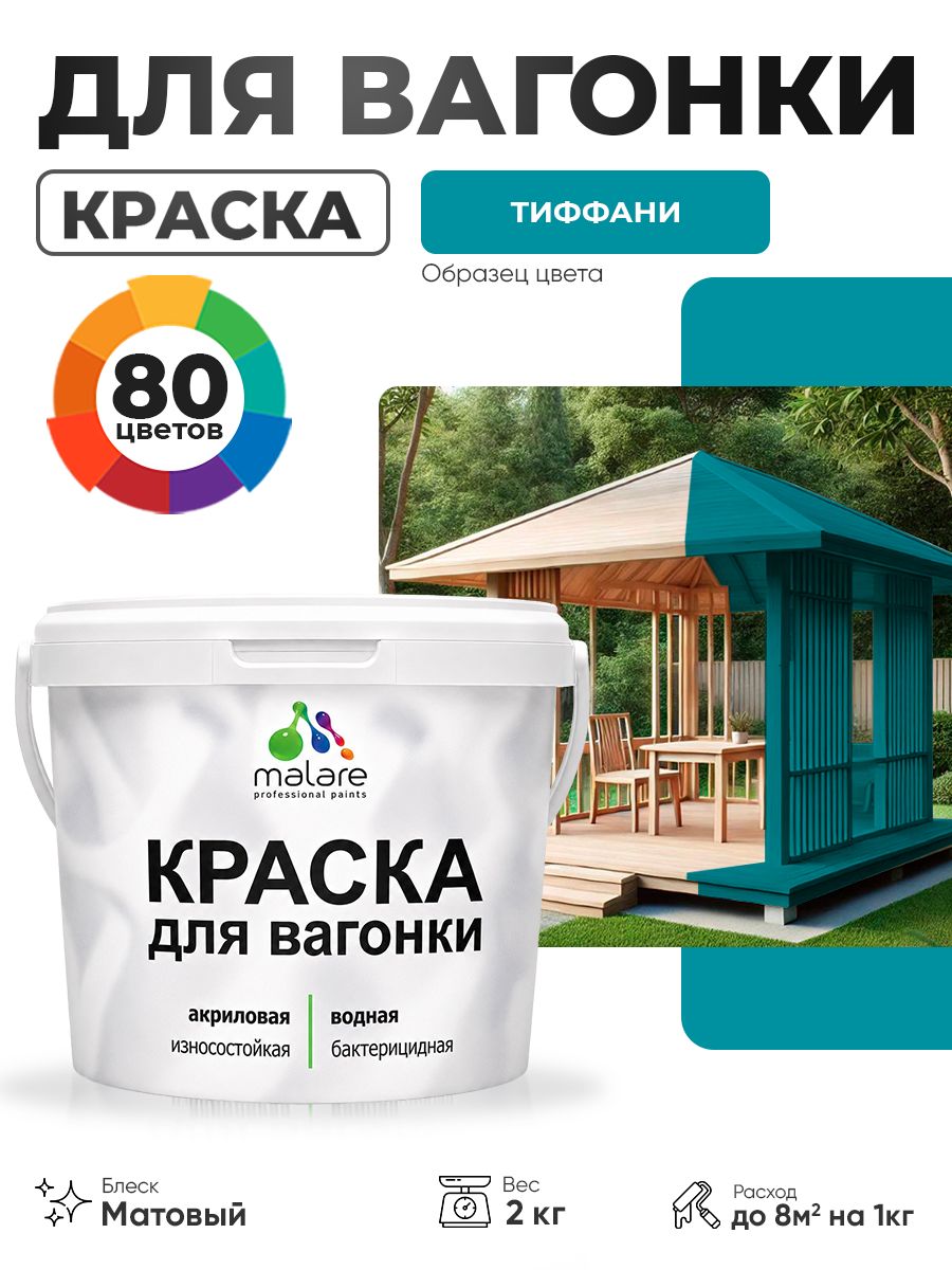 Акриловая краска для вагонки Malare для дерева, для фасадов и интерьера с антисептическим эффектом, быстросохнущая, без запаха, матовая, тиффани, 2 кг
