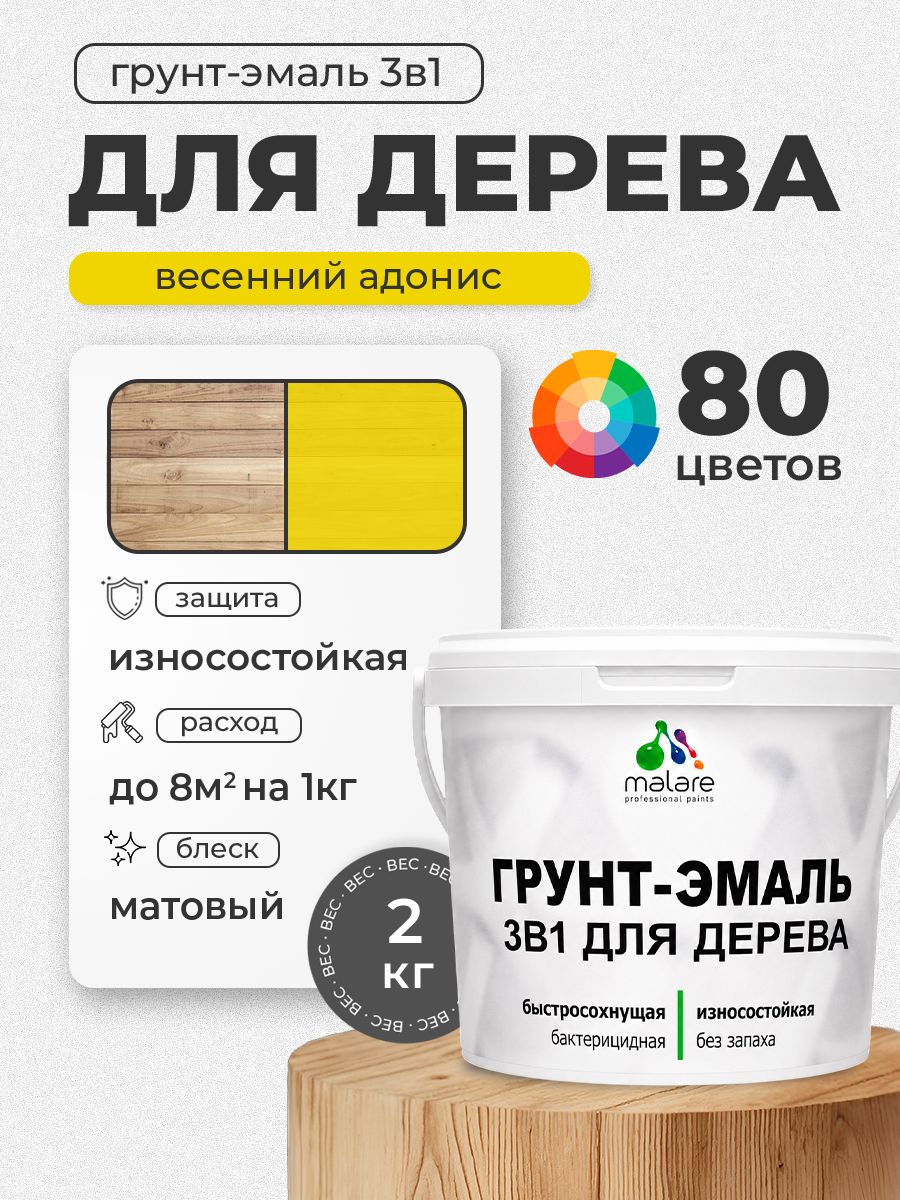 Акриловая Грунт-Эмаль 3 в 1 Malare для деревянных поверхностей с антисептическим эффектом, быстросохнущая, моющаяся без запаха матовая, весенний адонис, 2 кг