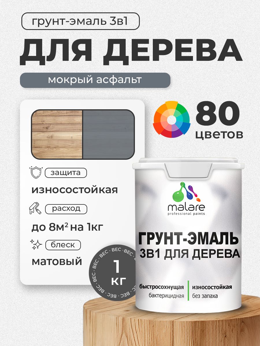 Акриловая Грунт-Эмаль 3 в 1 Malare для деревянных поверхностей с антисептическим эффектом, быстросохнущая, моющаяся без запаха матовая, мокрый асфальт, 1 кг