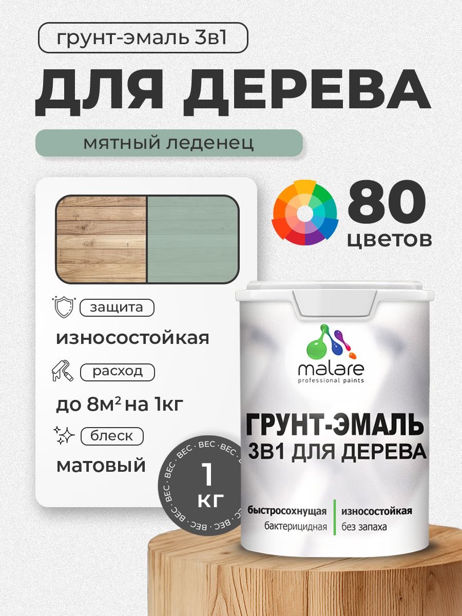 Акриловая Грунт-Эмаль 3 в 1 Malare для деревянных поверхностей с антисептическим эффектом, быстросохнущая, моющаяся без запаха матовая, мятный леденец, 1 кг