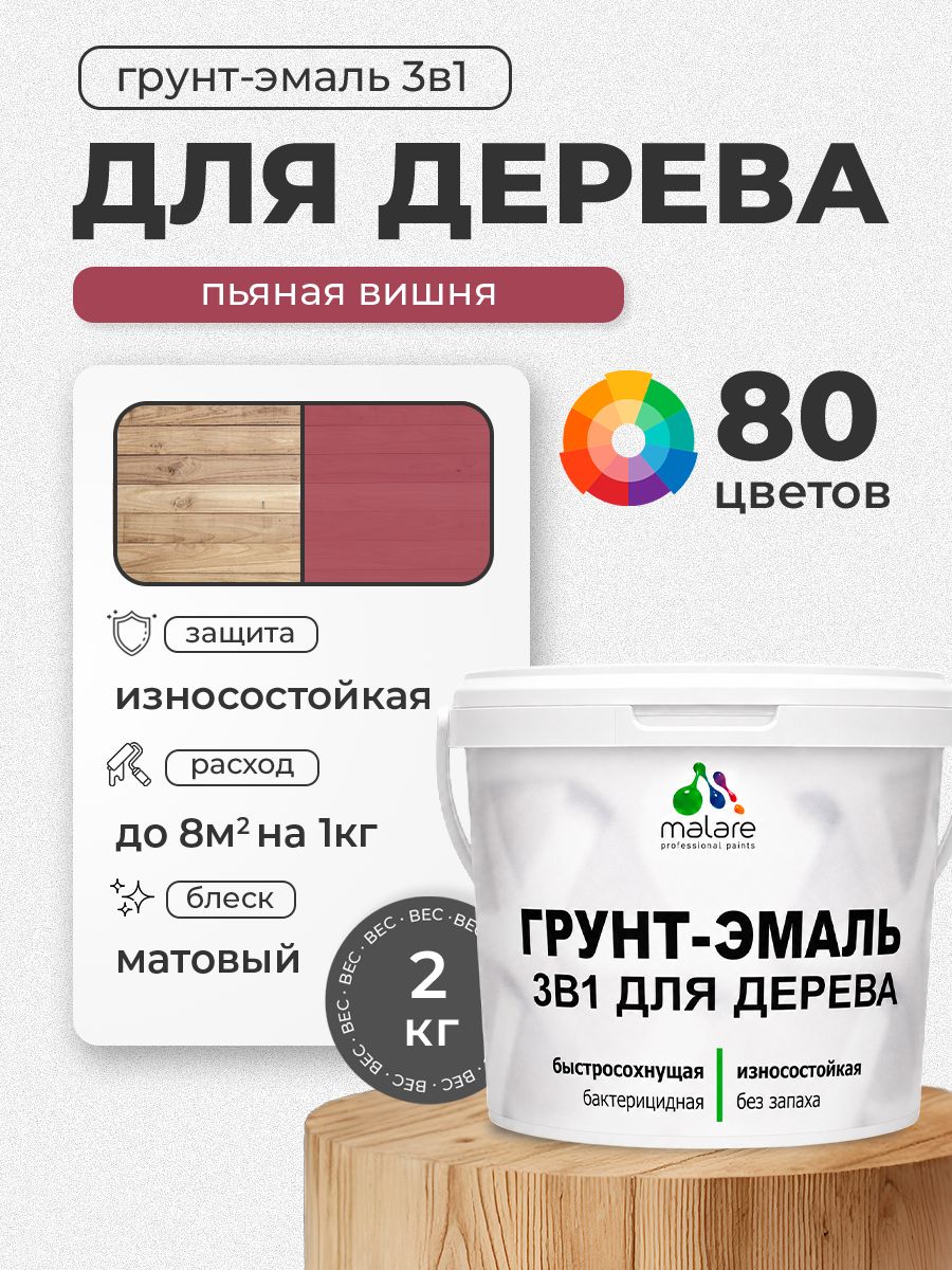 Акриловая Грунт-Эмаль 3 в 1 Malare для деревянных поверхностей с антисептическим эффектом, быстросохнущая, моющаяся без запаха матовая, пьяная вишня, 2 кг