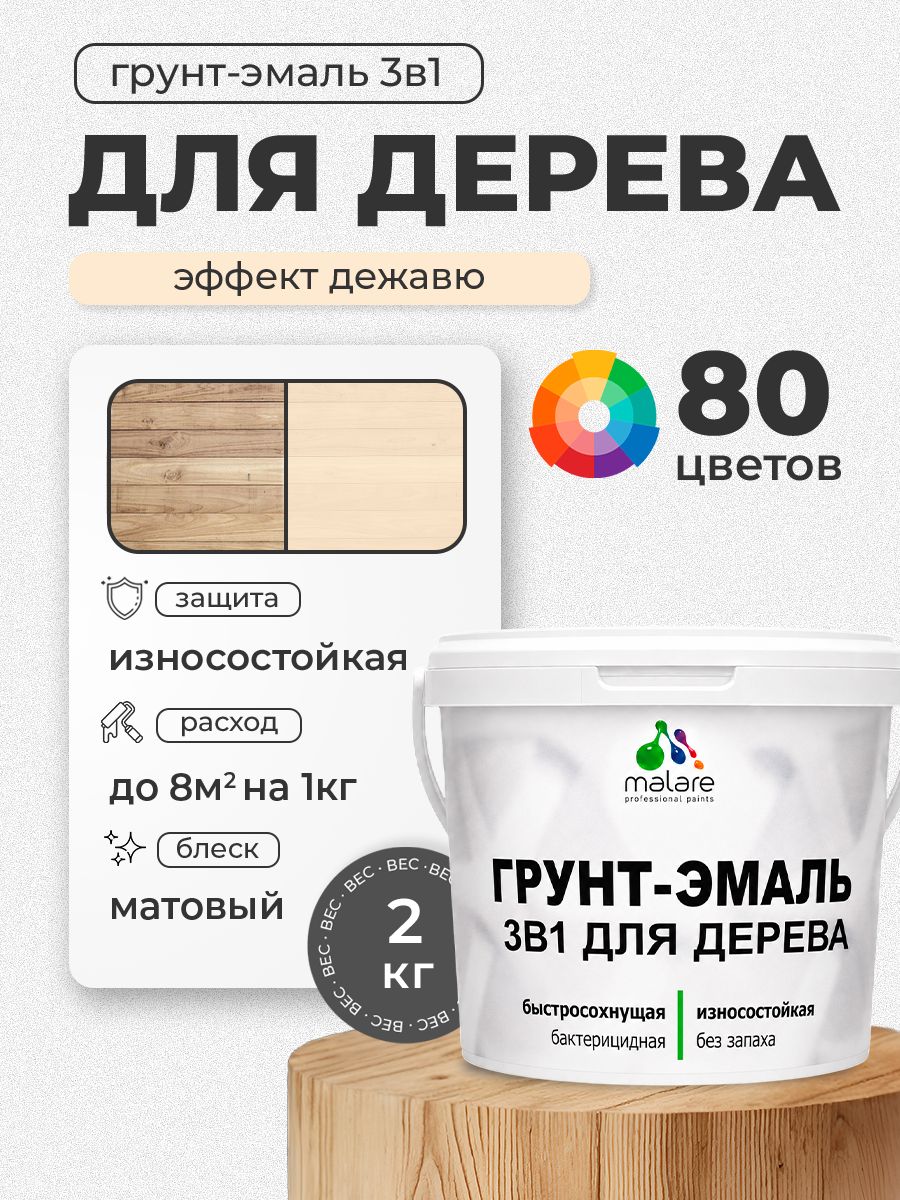 Акриловая Грунт-Эмаль 3 в 1 Malare для деревянных поверхностей с антисептическим эффектом, быстросохнущая, моющаяся без запаха матовая, эффект дежавю, 2 кг