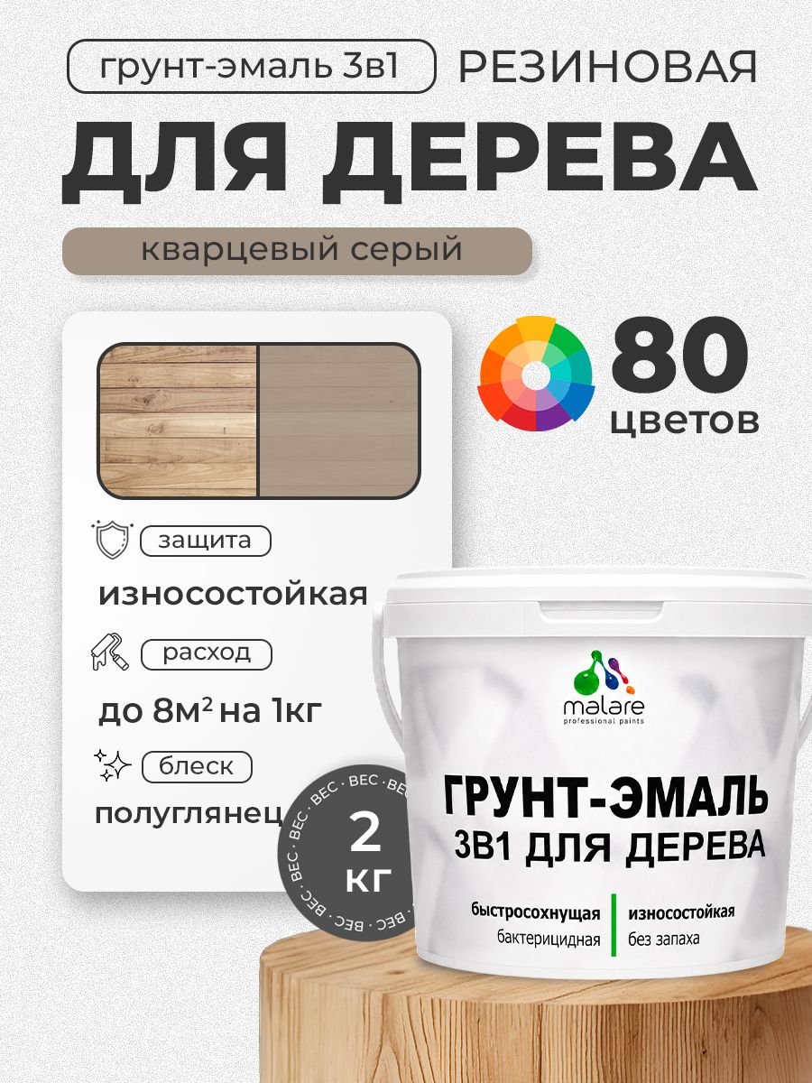 Латексная Грунт-Эмаль 3 в 1 Malare для деревянных поверхностей с антисептическим эффектом, быстросохнущая моющаяся без запаха полуглянцевая, кварцевый серый, 2 кг