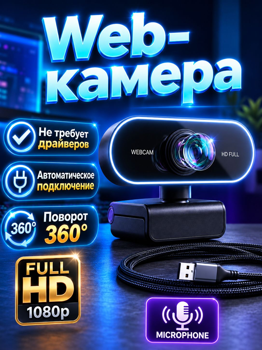 Веб камера; Камера для компьютера с микрофоном; Full HD 1080;