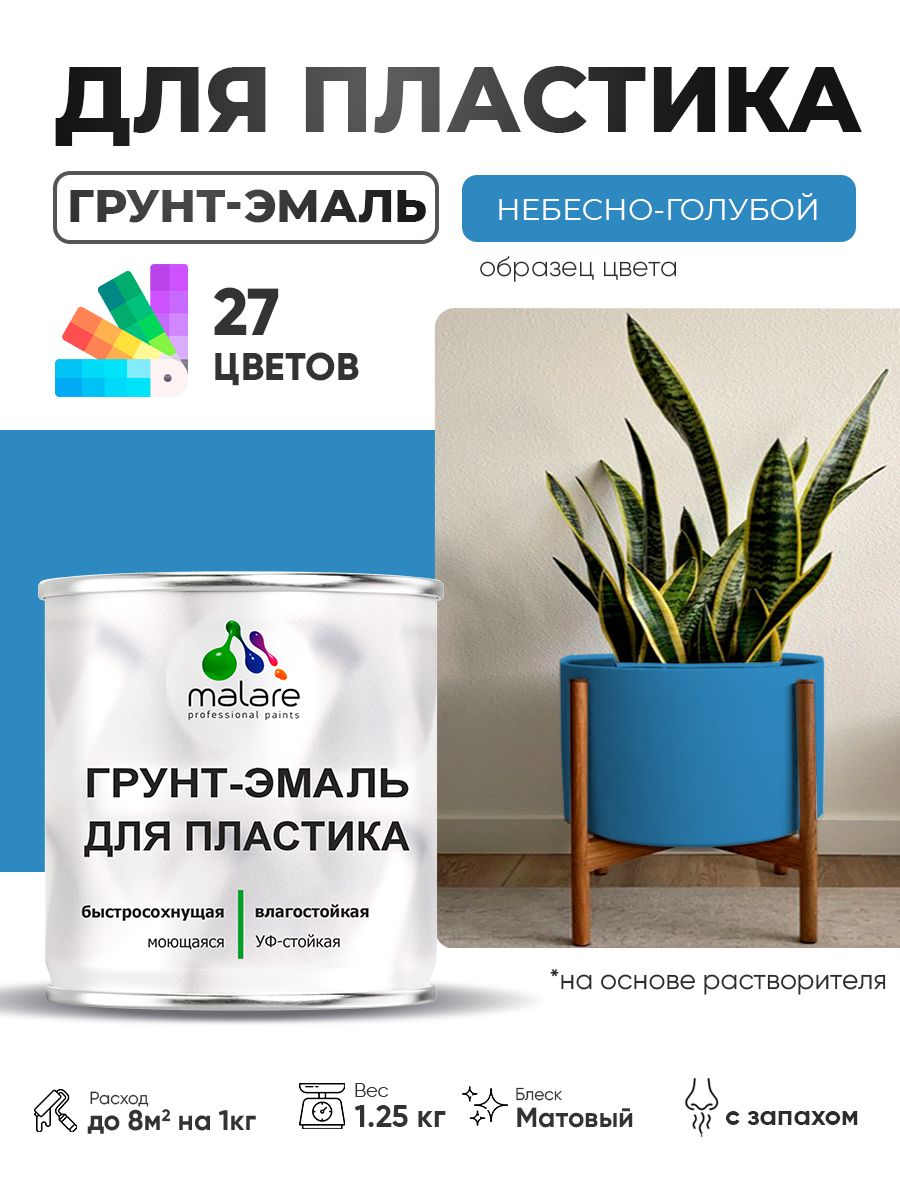 Грунт-Эмаль для пластика Malare краска для пластика/ для сайдинга, для окон и подоконников ПВХ/ для внутренних и наружных работ, быстросохнущая RAL 5015 небесно-голубой, матовая, 1,25 кг