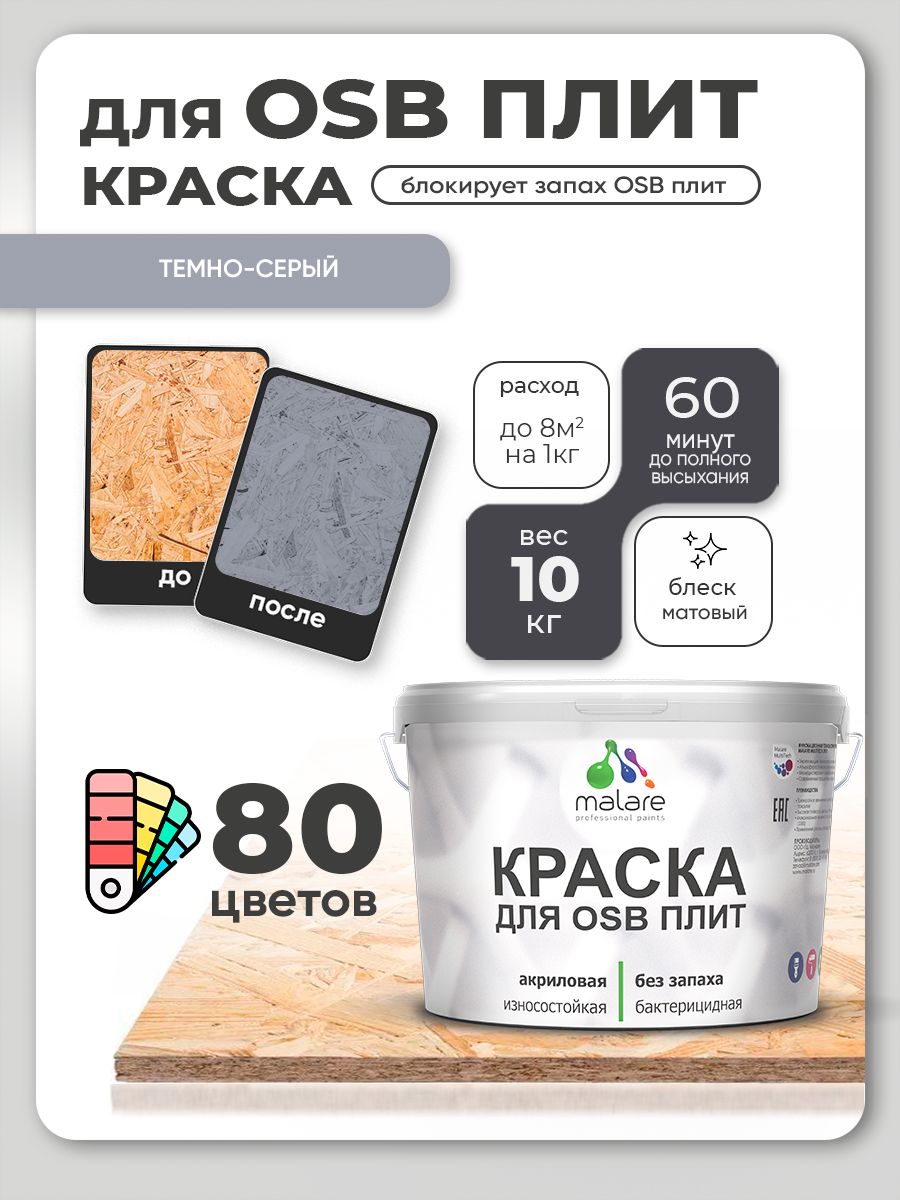 Акриловая краска для ОСБ плит Malare для дерева для наружных и внутренних работ, быстросохнущая без запаха матовая, темно-серый, 10 кг