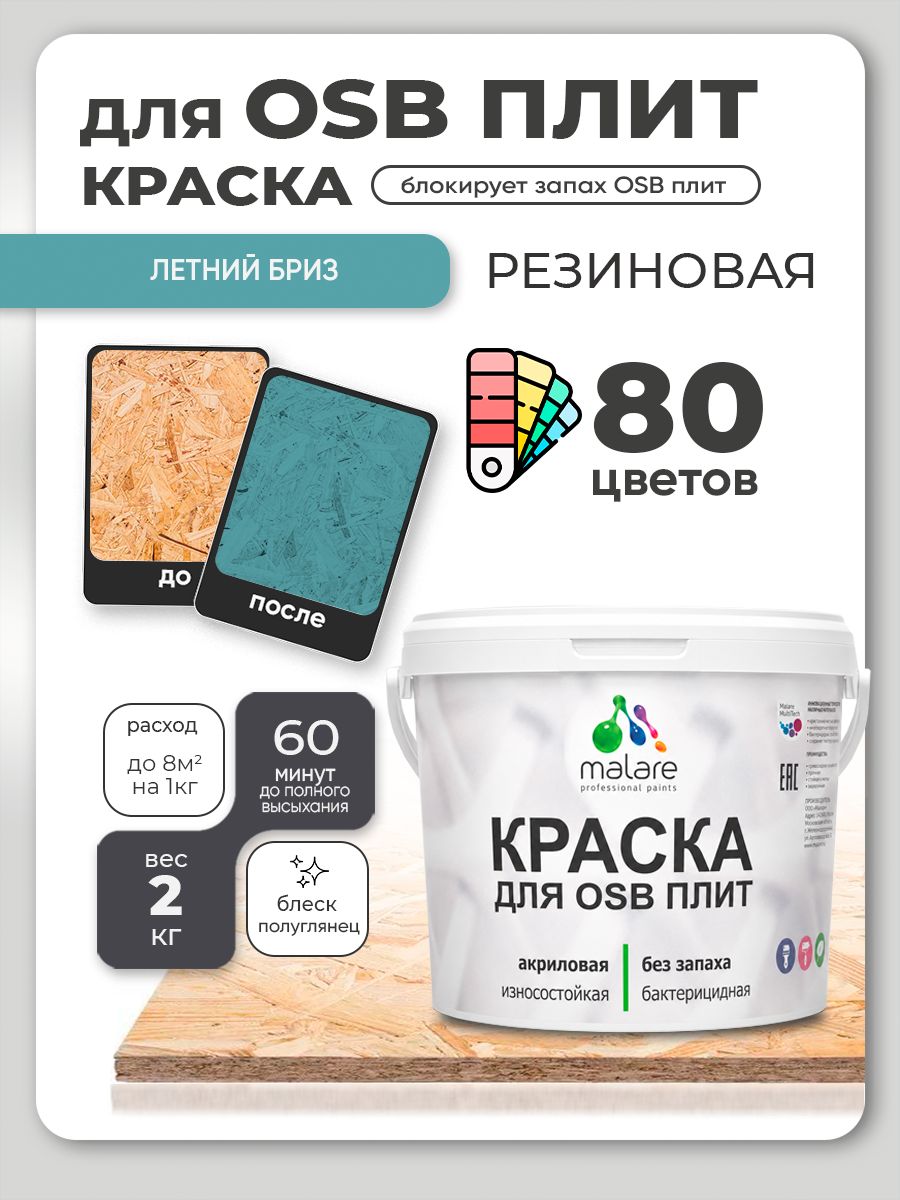 Резиновая краска для ОСБ плит Malare акриловая краска для дерева для наружных и внутренних работ, быстросохнущая без запаха полуглянцевая, летний бриз, 2 кг