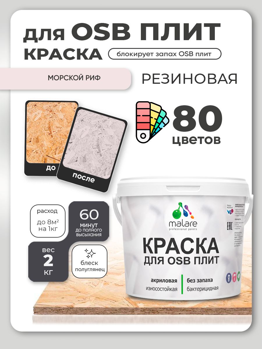 Резиновая краска для ОСБ плит Malare акриловая краска для дерева для наружных и внутренних работ, быстросохнущая без запаха полуглянцевая, морской риф, 2 кг