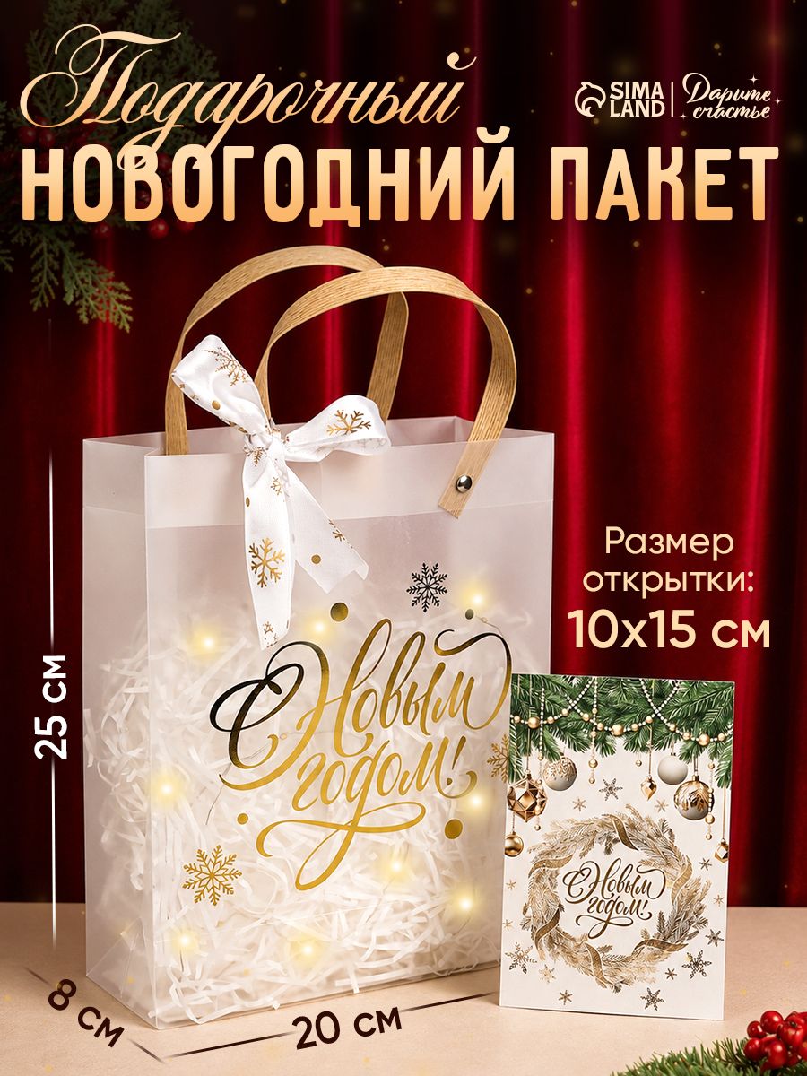 Пакет подарочный новогодний, с лентой и гирляндой, 20 х 8 х 25 см