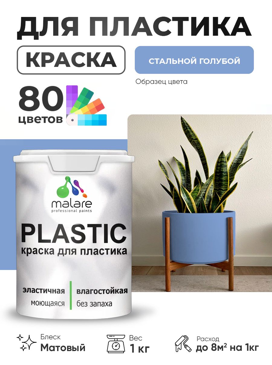 Акриловая краска для пластика Malare Plastic для пенопласта ПВХ сайдинга, для подоконников и откосов, быстросохнущая без запаха, матовая, стальной голубой, 1 кг