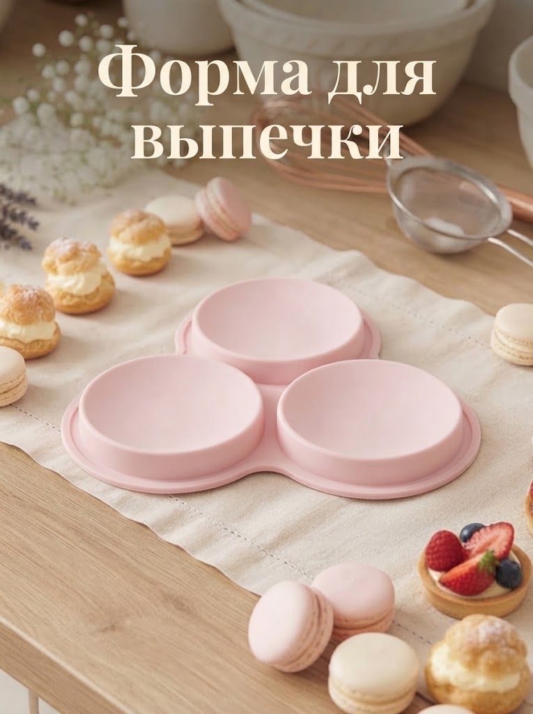 Форма для выпечки "Круг", силикон. размер 23х19 см, 3 ячейки, розовая