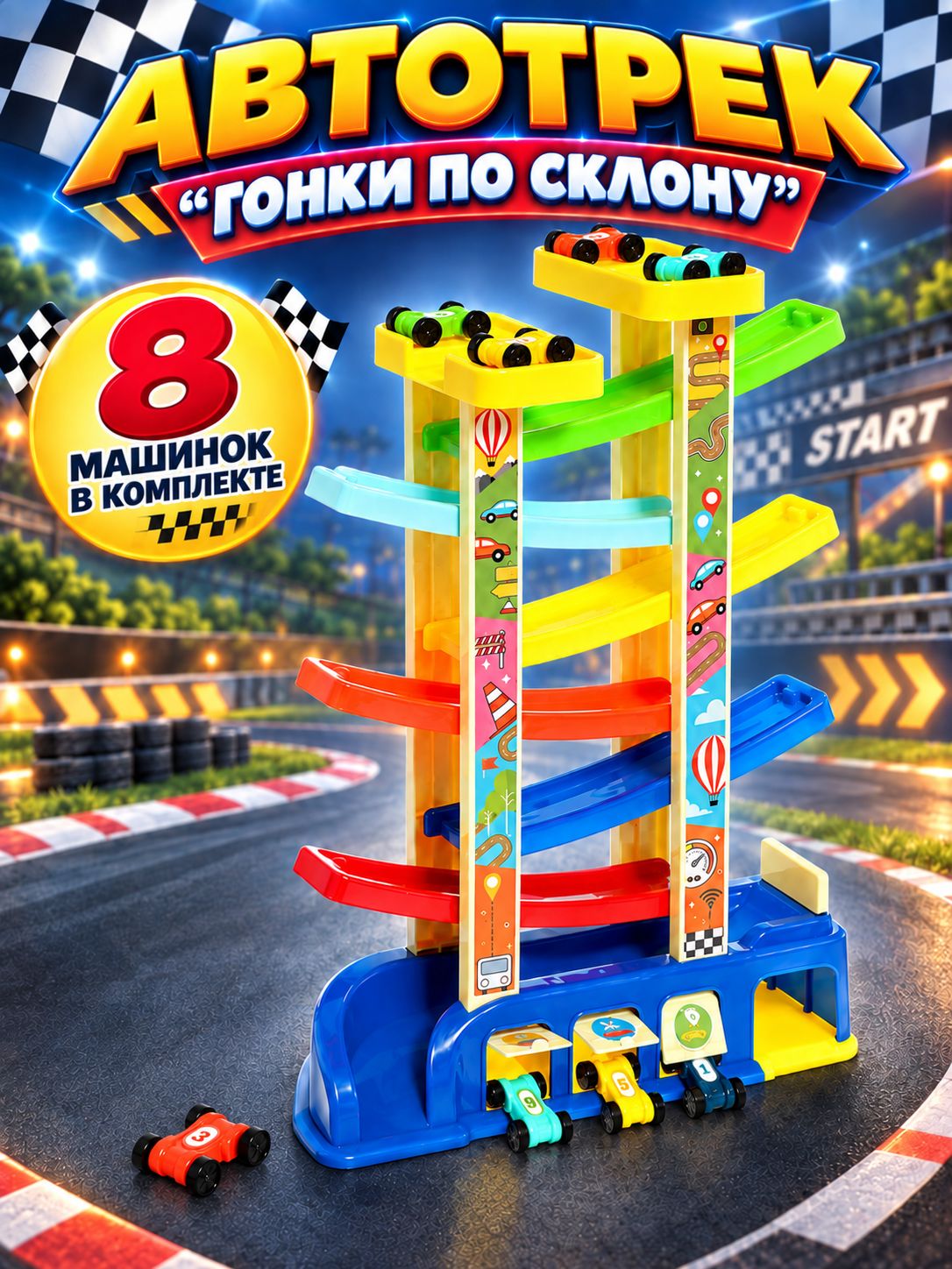 Игрушечный автотрек "Гонки по склону" / 8 машинок / с парковкой и гаражом