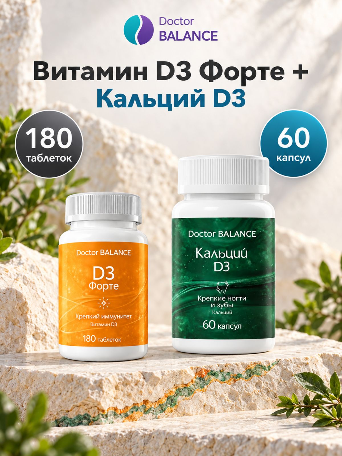 Набор Doctor Balance: Витамин D3 Форте 180 + Кальций с витамином D3 60