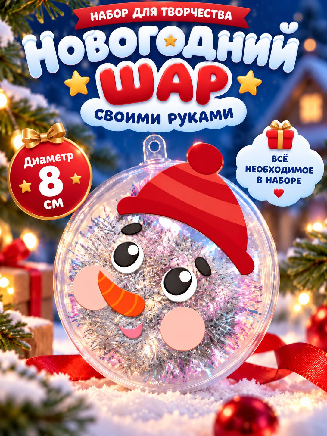 Елочный шар своими руками, 8 см, "Снеговик в шапке", набор для творчества детский, новогодний подарок для детей 2027