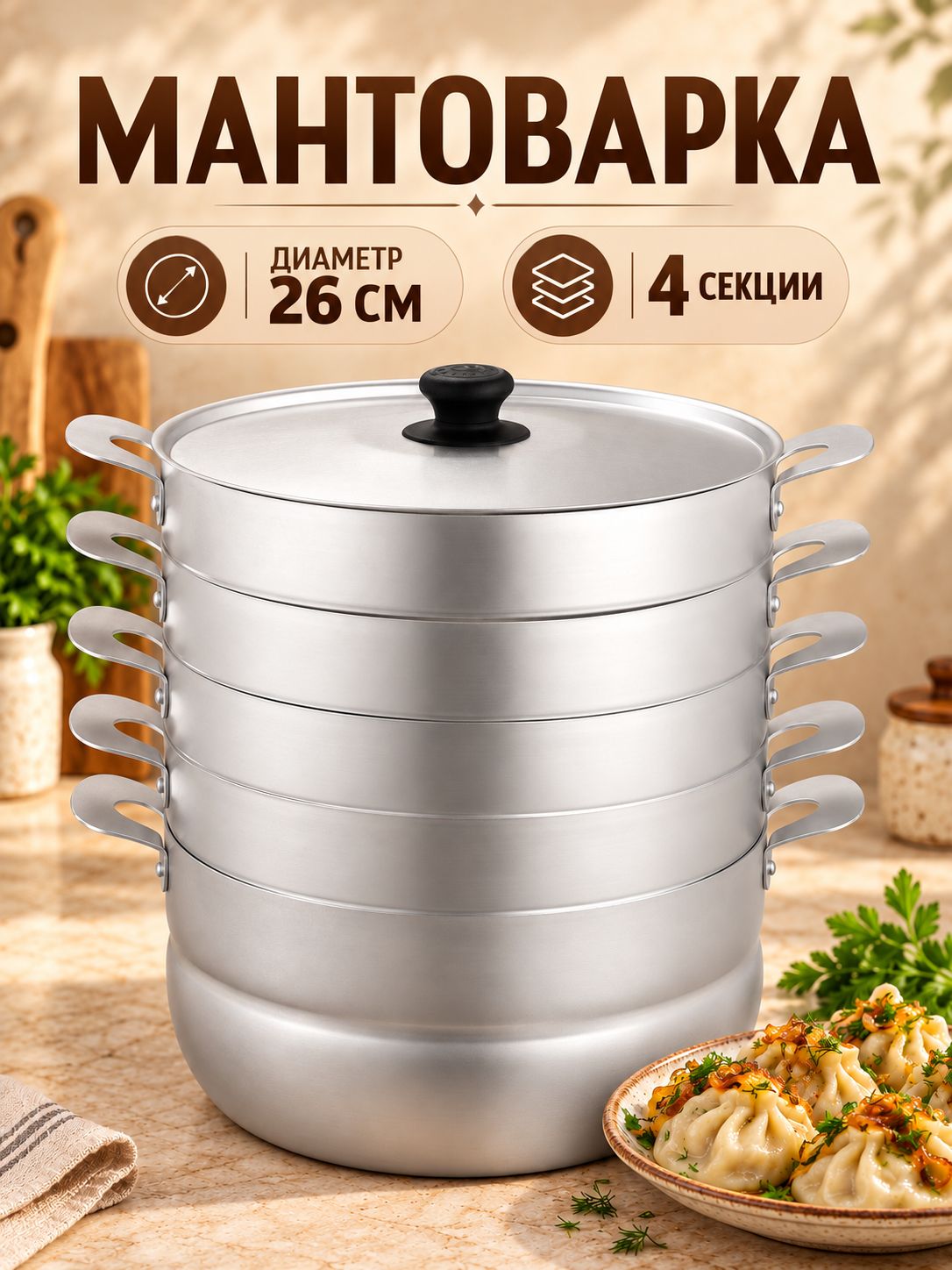 Мантоварка с 4 сетками, объем 6 л, диаметр 26 см, высота секции 5 см