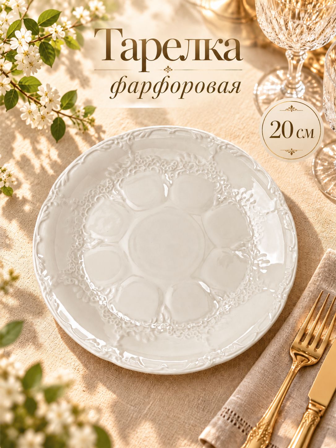 Тарелка плоская 20 см, "Флоренция", десертная, сервировочная, фарфоровая