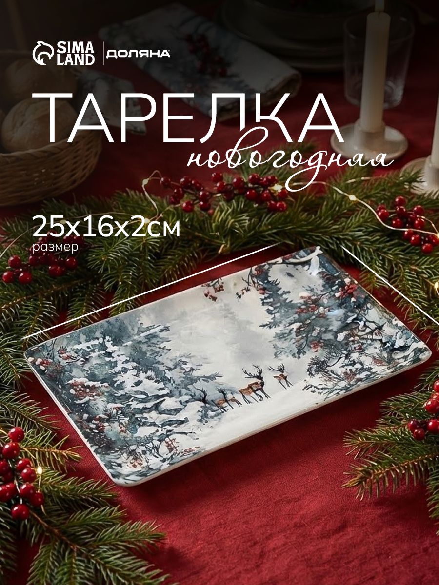 Блюдо сервировочное 25х16 см, Доляна "Волшебный север", фарфоровое, новогодняя посуда
