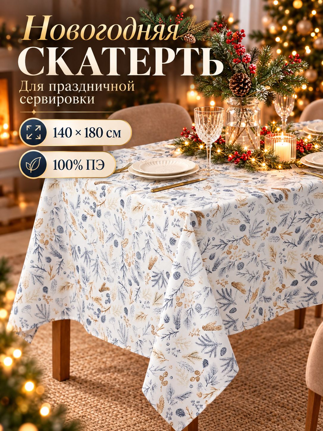 Скатерть "Морозные ветви" 140*180 Доляна 100% ПЭ 10988839