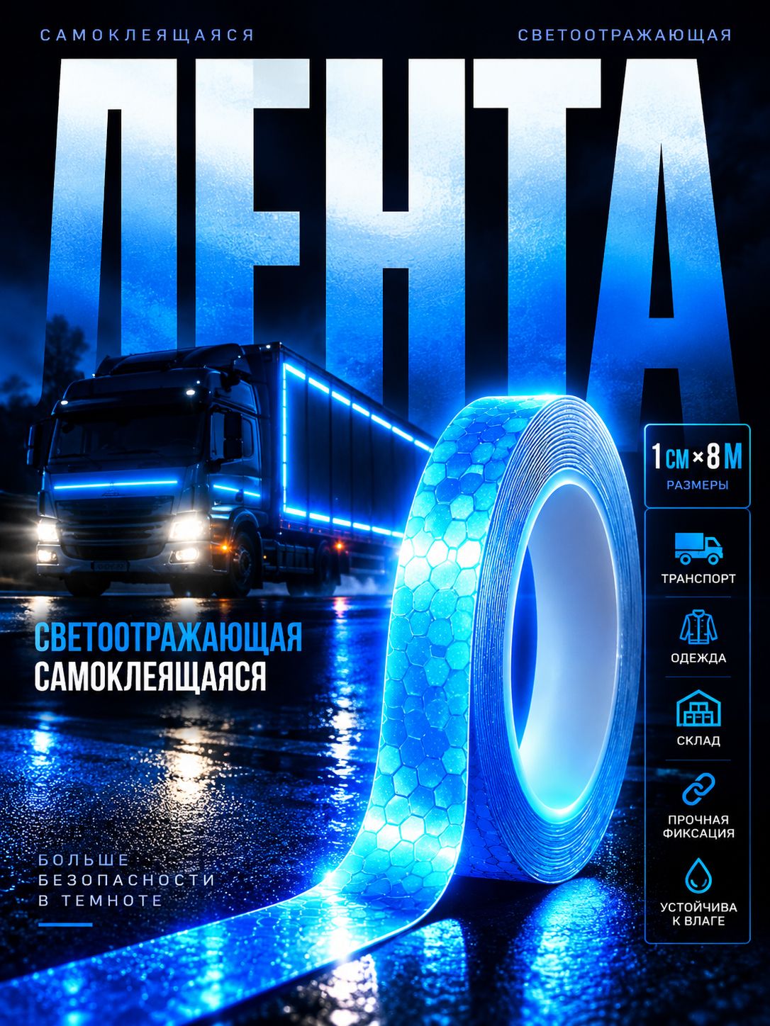 Светоотражающая лента, самоклеящаяся, синяя, 1 см х 8 м