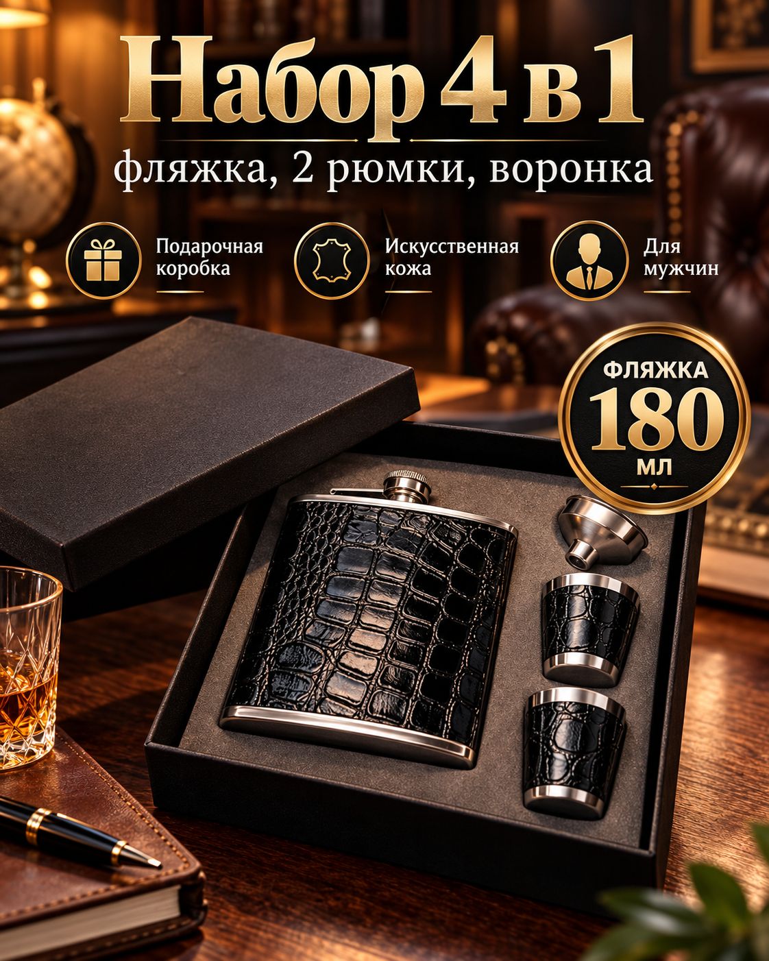 Подарочный набор мужчине, фляжка 180 мл, воронка, 2 рюмки, черный, нержавеющая сталь