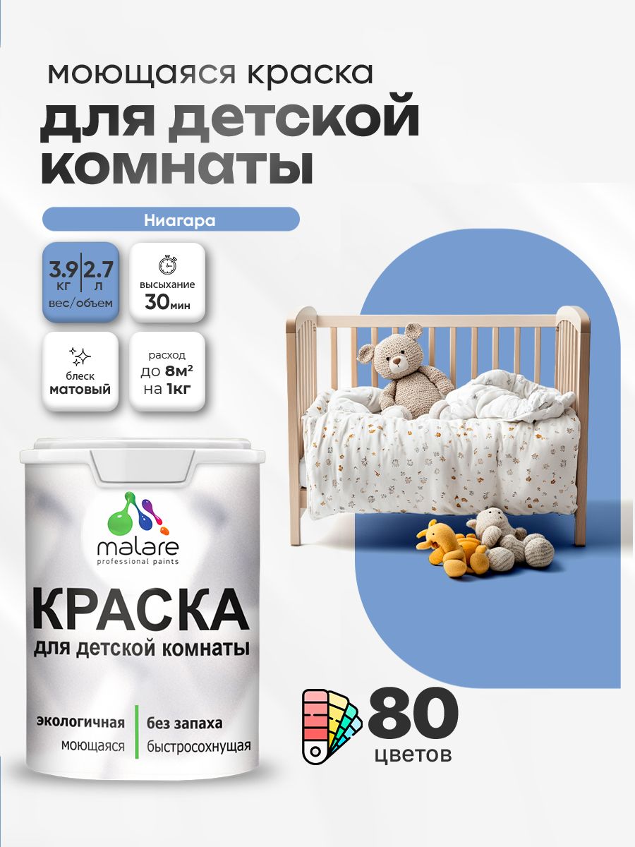 Акриловая краска для детской комнаты Malare моющаяся экологичная без запаха, для стен обоев потолка, матовая, ниагара, (2.7л - 3.9кг)
