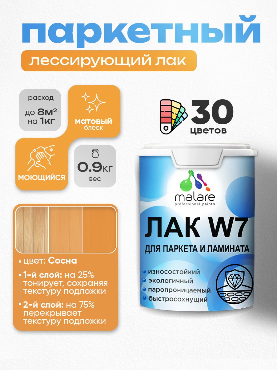 Лак колерованный тонирующий для паркета и ламината Malare W7 для дерева и минеральных поверхностей, износостойкий, водный без запаха, матовый, сосна, 0.9 кг.