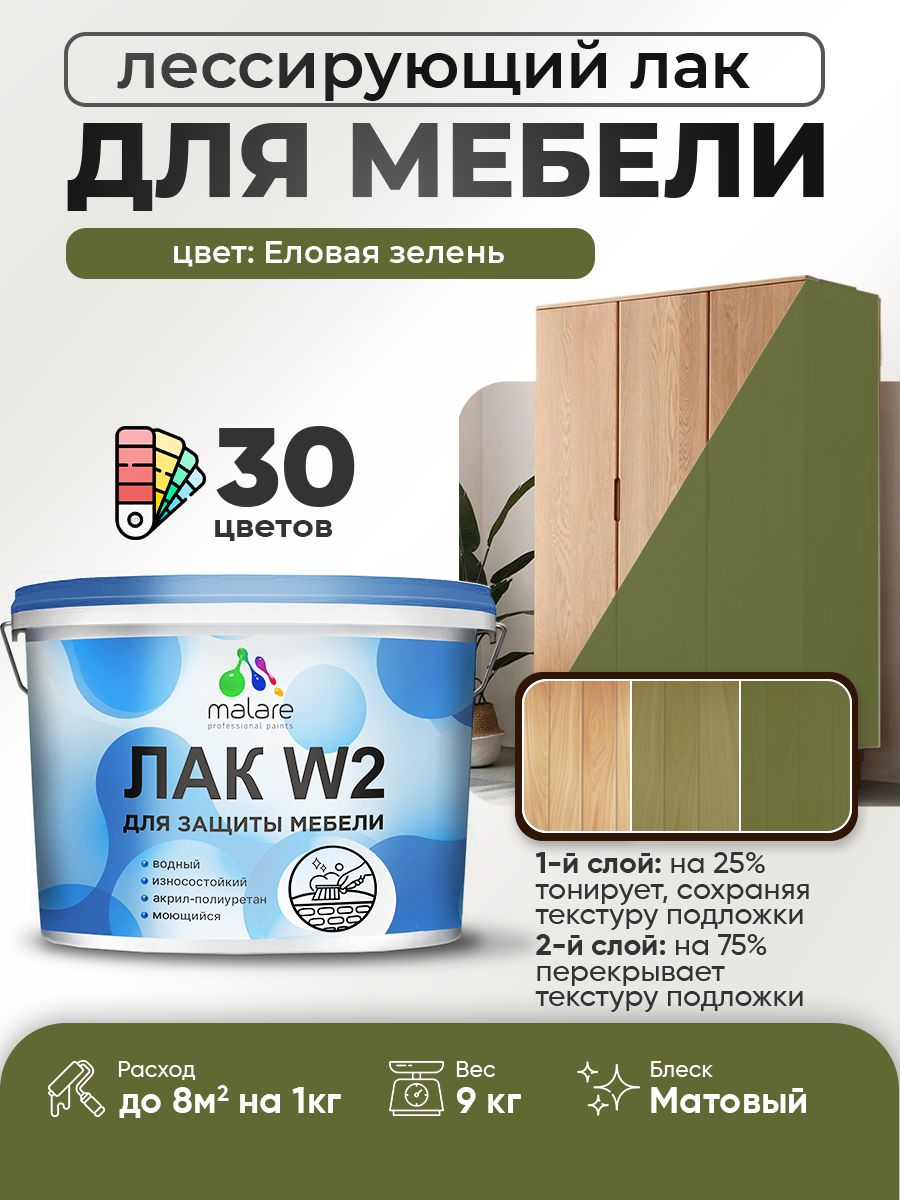 Лак колерованный тонирующий лак для мебели Malare W2 для кухонных фасадов, для дерева и минеральных поверхностей, акриловый быстросохнущий без запаха, матовый, еловая зелень, 9 кг.