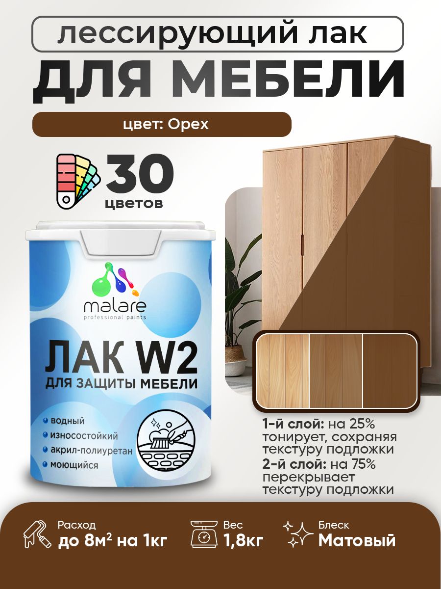 Лак колерованный тонирующий лак для мебели Malare W2 для кухонных фасадов, для дерева и минеральных поверхностей, акриловый быстросохнущий без запаха, матовый, орех, 1.8 кг.