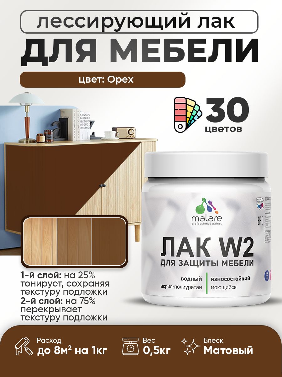 Лак колерованный тонирующий лак для мебели Malare W2 для кухонных фасадов, для дерева и минеральных поверхностей, акриловый быстросохнущий без запаха, матовый, орех, 0.5 кг.