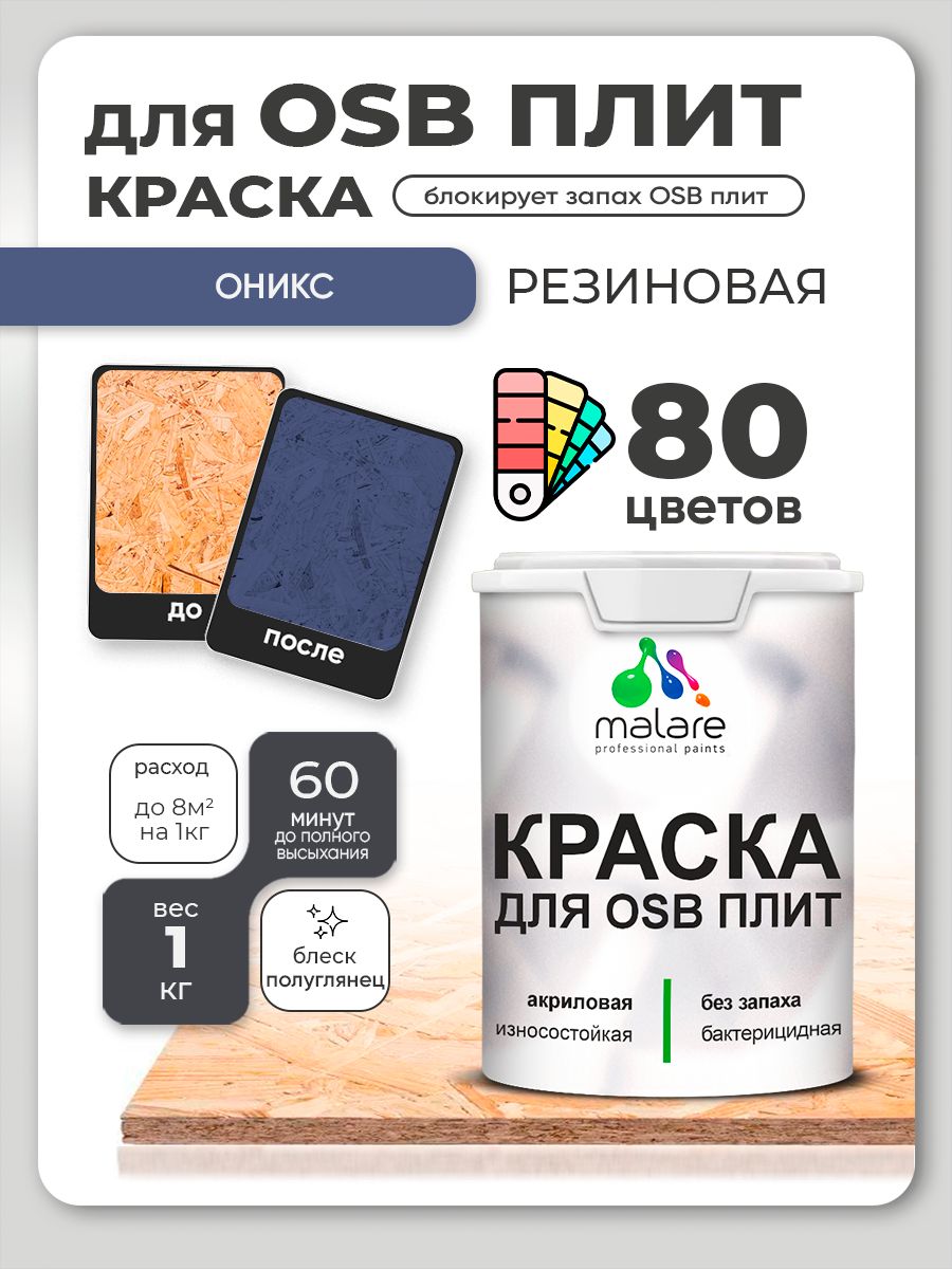 Резиновая краска для ОСБ плит Malare акриловая краска для дерева для наружных и внутренних работ, быстросохнущая без запаха полуглянцевая, оникс, 1 кг