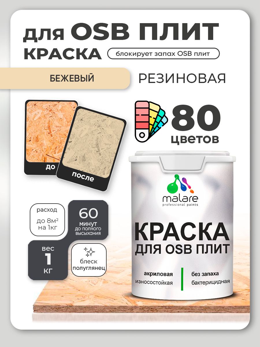 Резиновая краска для ОСБ плит Malare акриловая краска для дерева для наружных и внутренних работ, быстросохнущая без запаха полуглянцевая, бежевый, 1 кг