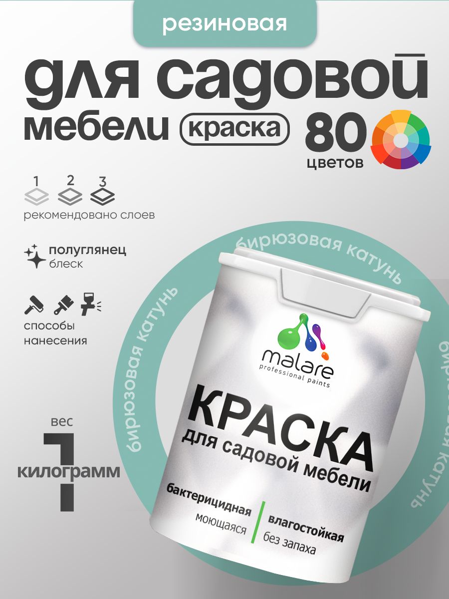Резиновая краска Malare для садовой мебели/ по дереву, для наружных и внутренних работ/ быстросохнущая моющаяся без запаха полуглянцевая, бирюзовая катунь, 1 кг